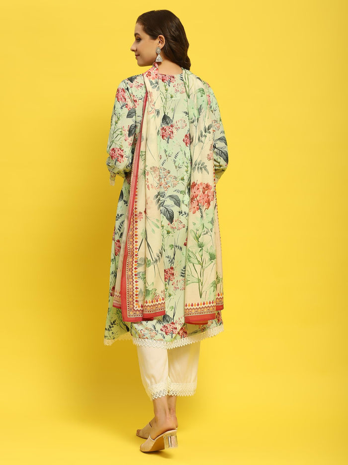 Women Green Multi Liva Rayon Kurta Comfort Pant Dupatta.
