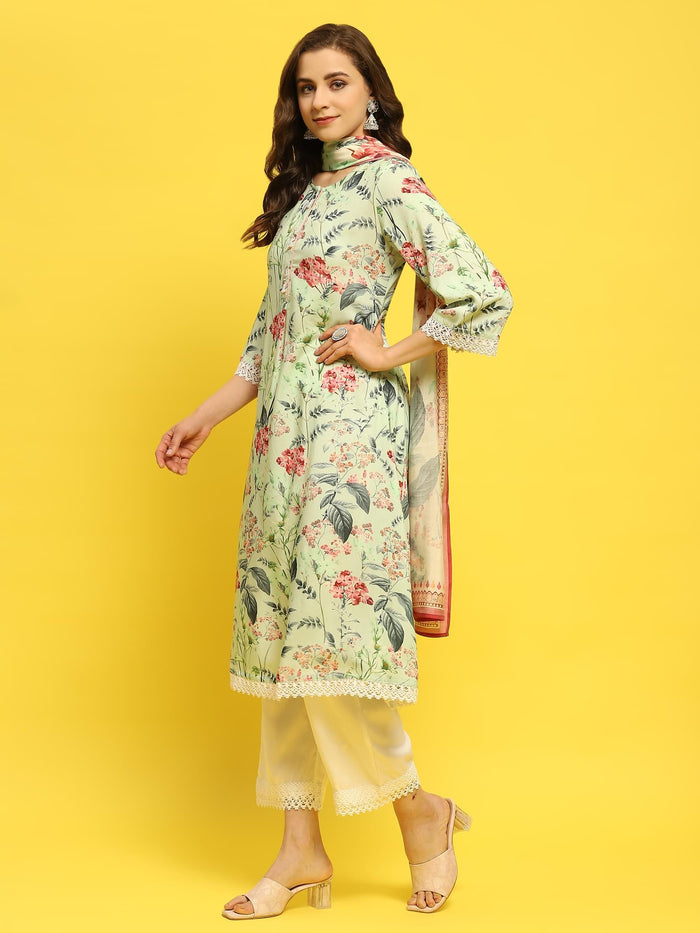 Women Green Multi Liva Rayon Kurta Comfort Pant Dupatta.