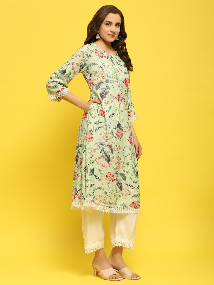 Women Green Multi Liva Rayon Kurta Comfort Pant Dupatta.