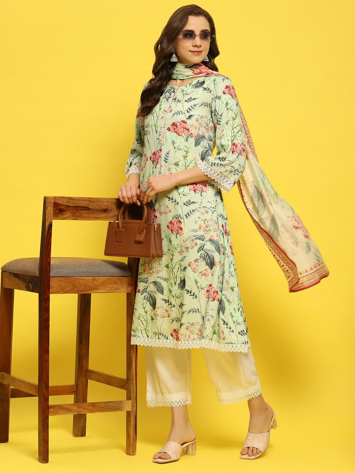 Women Green Multi Liva Rayon Kurta Comfort Pant Dupatta.