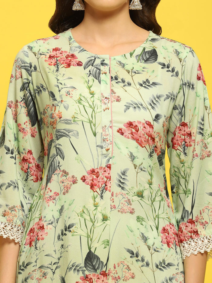 Women Green Multi Liva Rayon Kurta Comfort Pant Dupatta.