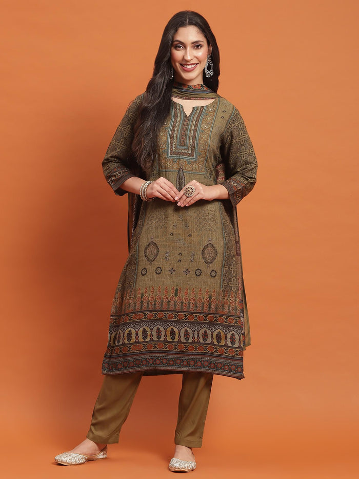 Women Green Ornamental Print Kurta Trouser Dupatta.