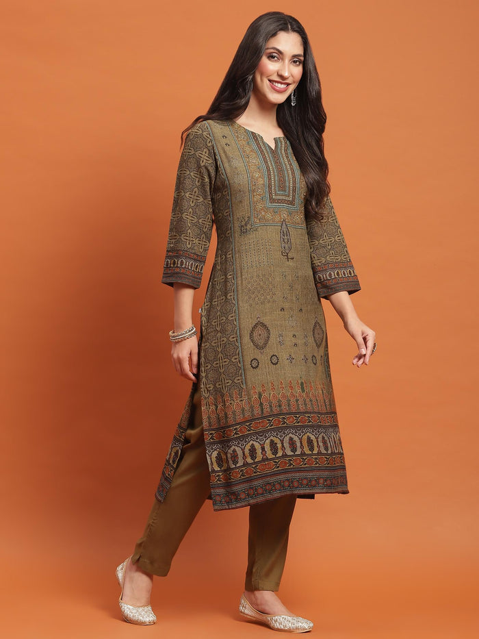 Women Green Ornamental Print Kurta Trouser Dupatta.