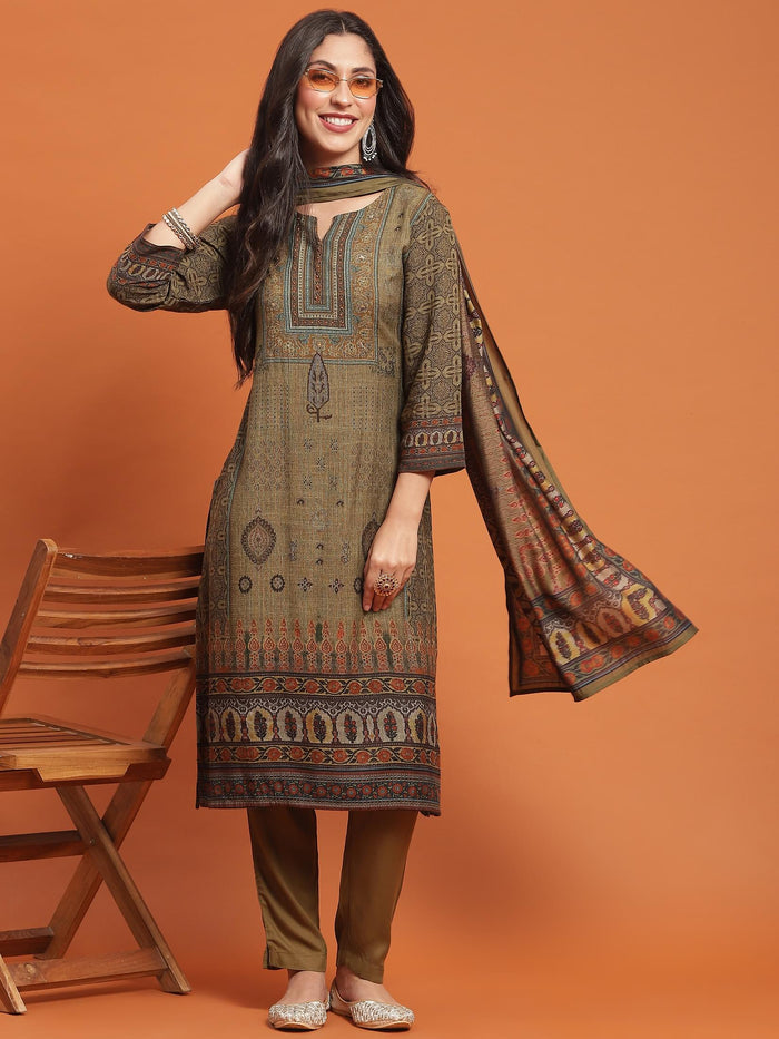 Women Green Ornamental Print Kurta Trouser Dupatta.