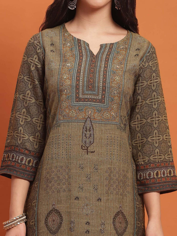 Women Green Ornamental Print Kurta Trouser Dupatta.