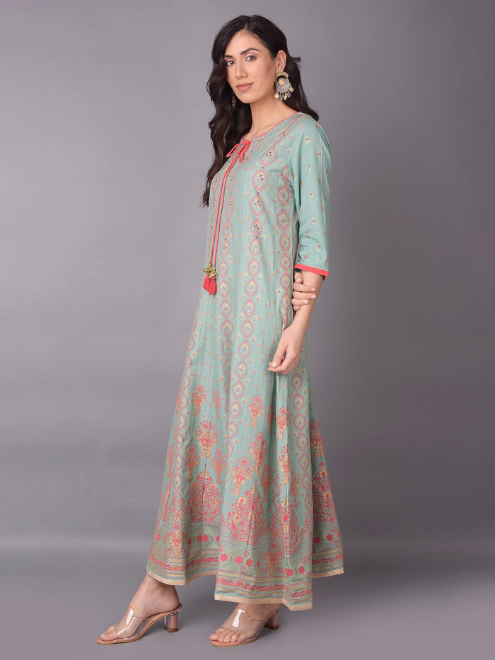 Women Green Ornamental Printed Dress.