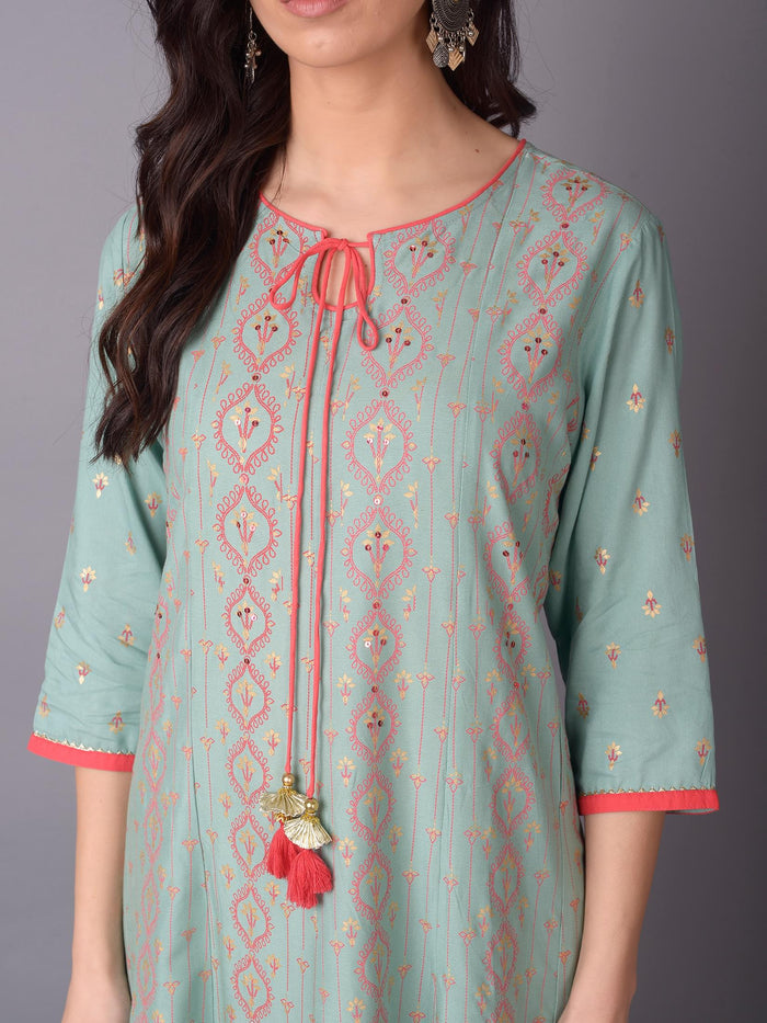 Women Green Ornamental Printed Dress.