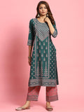 Women Green Ornamental Printed Kurta With Comfort Pant.