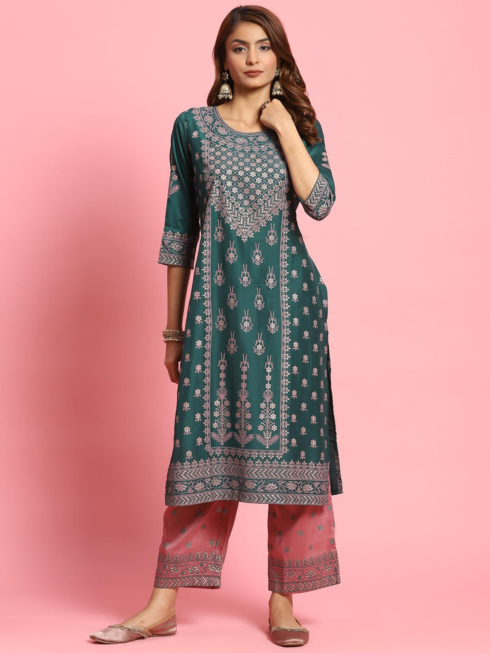 Women Green Ornamental Printed Kurta With Comfort Pant.