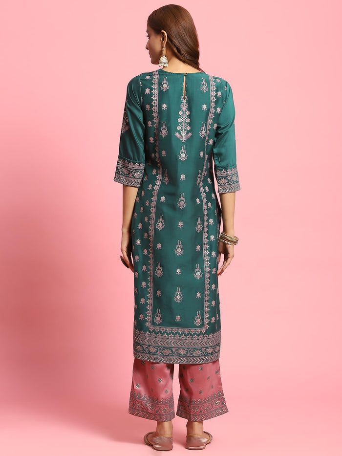 Women Green Ornamental Printed Kurta With Comfort Pant.
