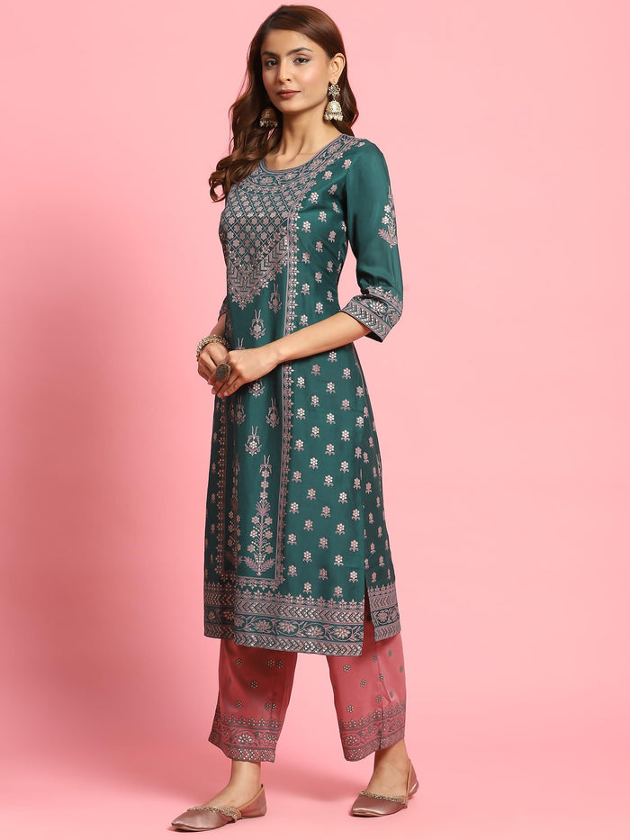 Women Green Ornamental Printed Kurta With Comfort Pant.