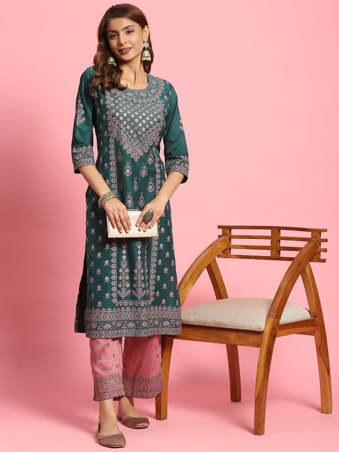 Women Green Ornamental Printed Kurta With Comfort Pant.