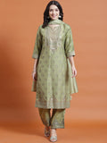 Women Green Placement Print Kurta Comfort Pant Dupatta.