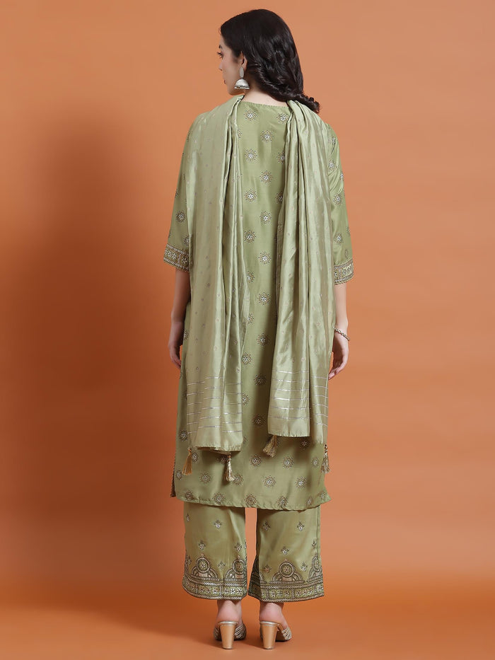 Women Green Placement Print Kurta Comfort Pant Dupatta.