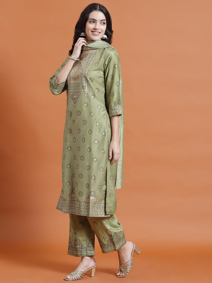 Women Green Placement Print Kurta Comfort Pant Dupatta.