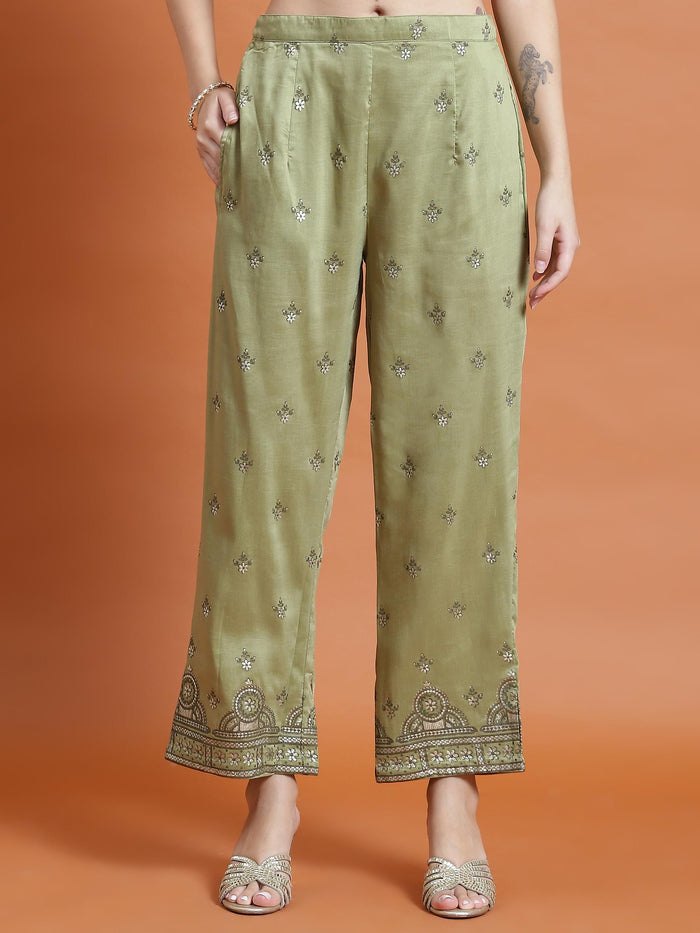 Women Green Placement Print Kurta Comfort Pant Dupatta.