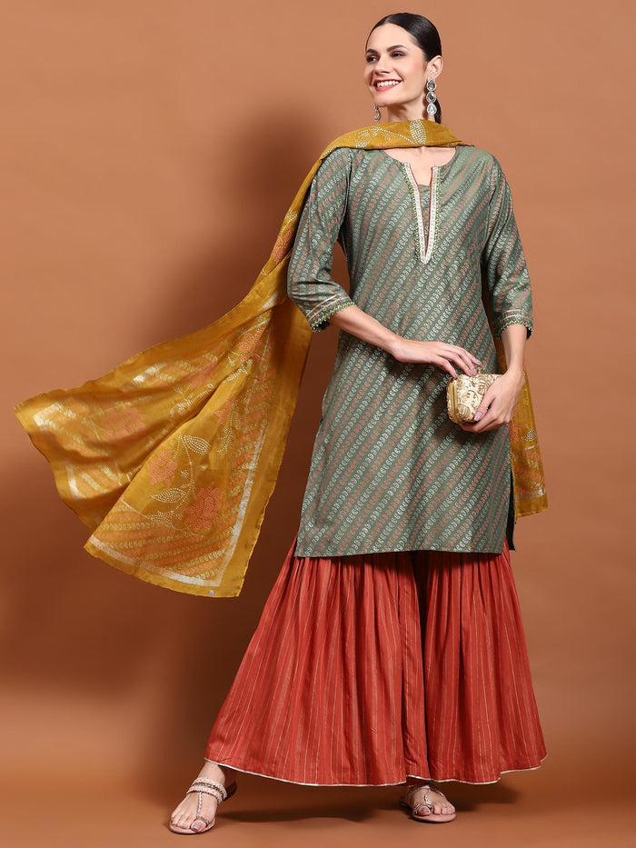 Women Green Printed Kurta Sharara Dupatta.
