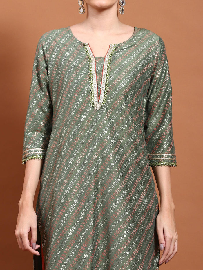 Women Green Printed Kurta Sharara Dupatta.