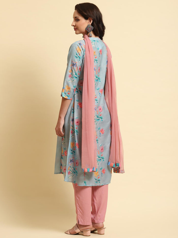 Women Green Printed Kurta Trouser Dupatta.
