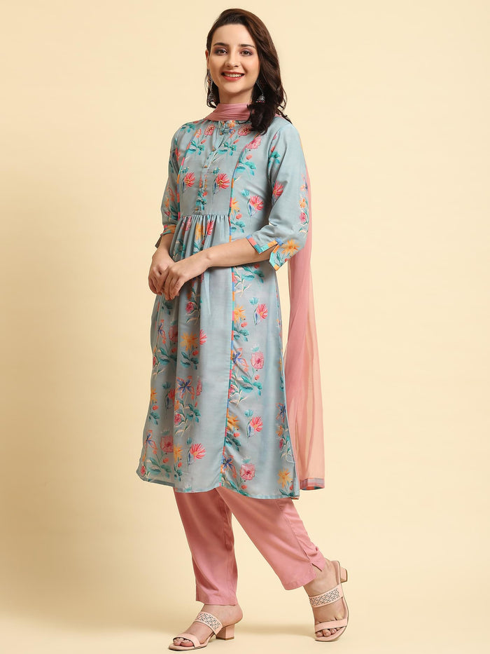 Women Green Printed Kurta Trouser Dupatta.