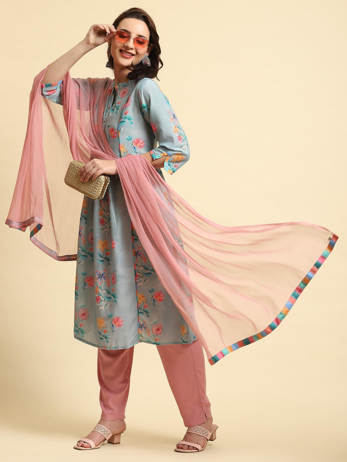Women Green Printed Kurta Trouser Dupatta.