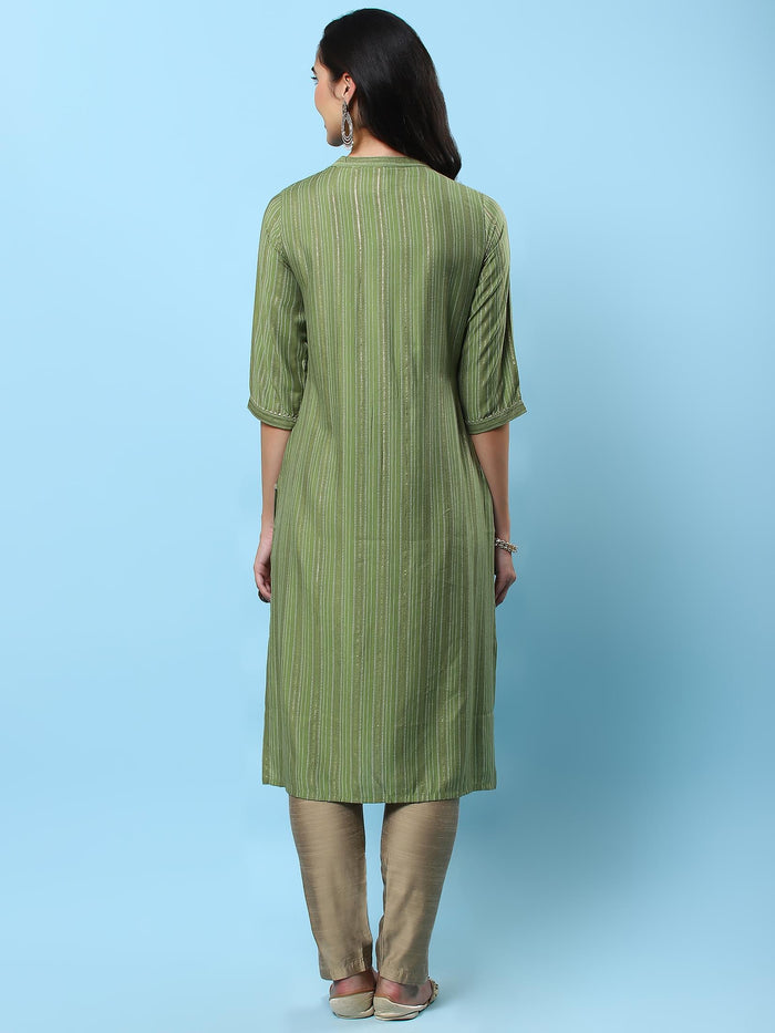 Women Green Stripe Printed Kurta.