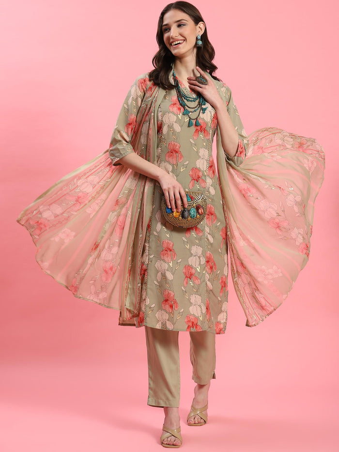 Women Green V-Neck Kurta Trouser Dupatta.