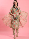 Women Green V-Neck Kurta Trouser Dupatta.