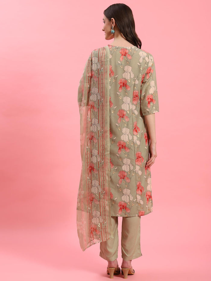 Women Green V-Neck Kurta Trouser Dupatta.