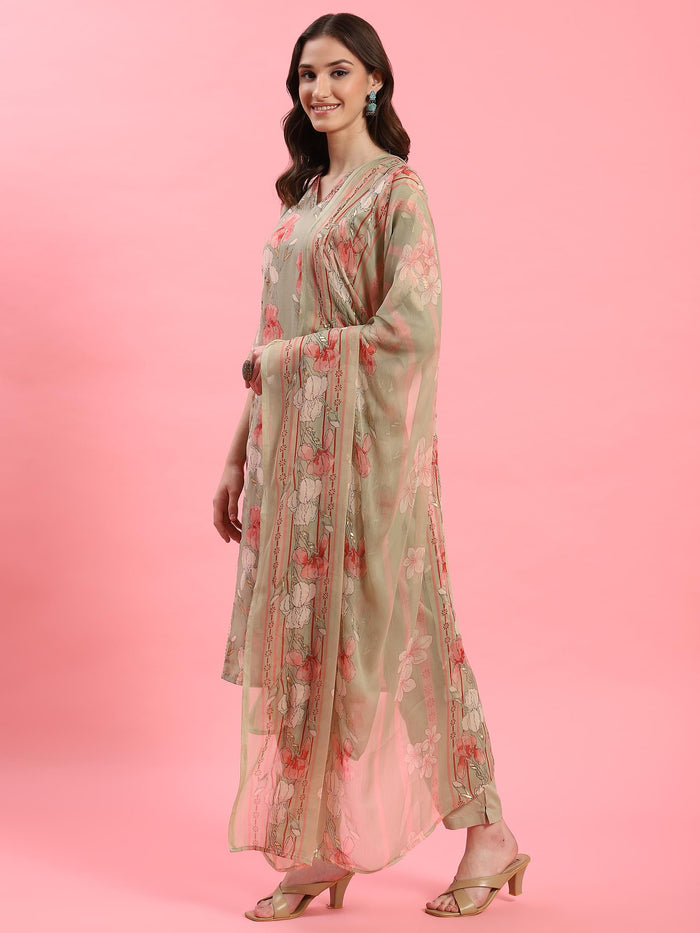 Women Green V-Neck Kurta Trouser Dupatta.