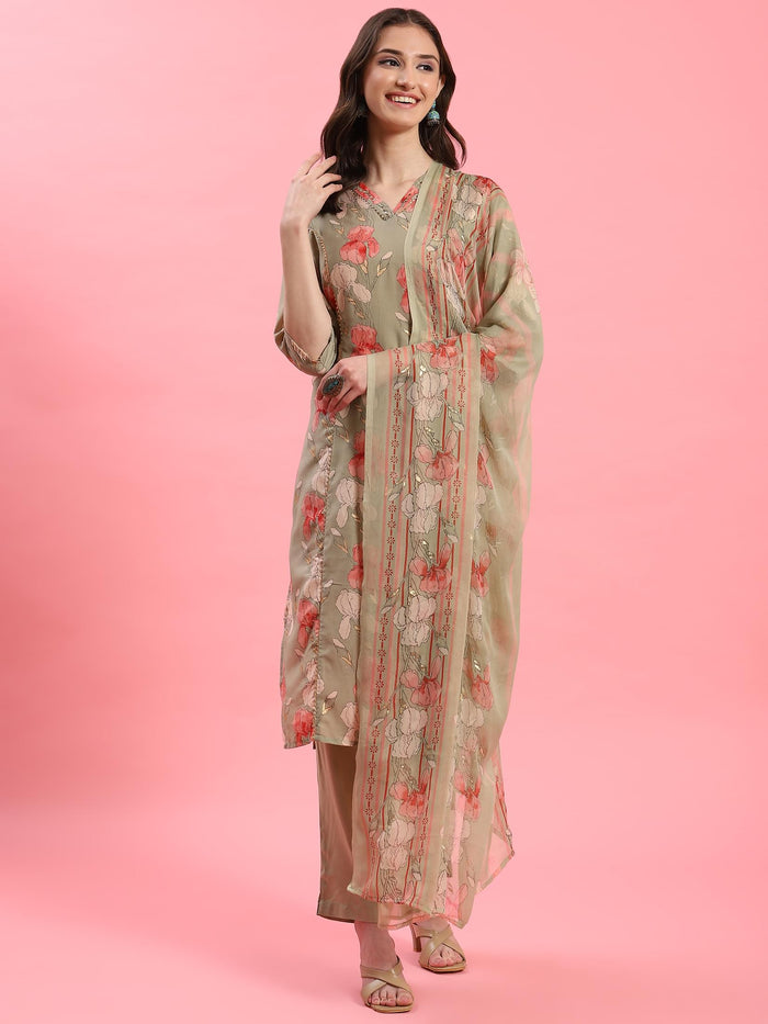 Women Green V-Neck Kurta Trouser Dupatta.