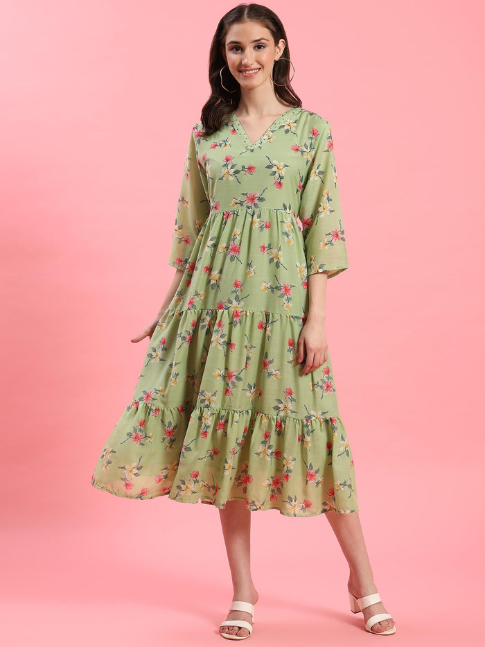 Women Green V-Neck Printed Dress.
