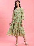 Women Green V-Neck Printed Dress.