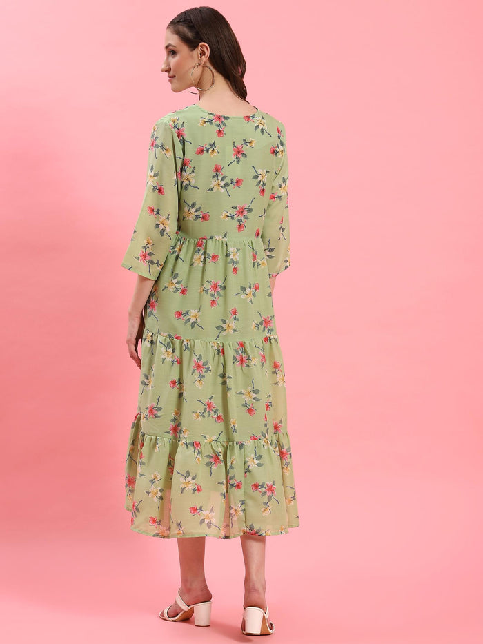 Women Green V-Neck Printed Dress.