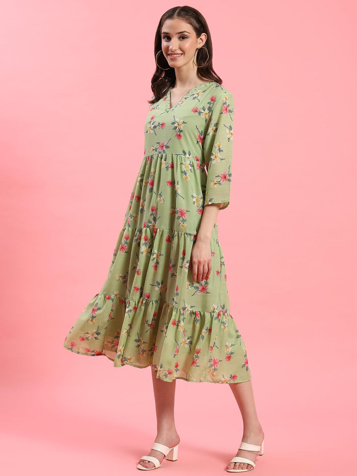 Women Green V-Neck Printed Dress.