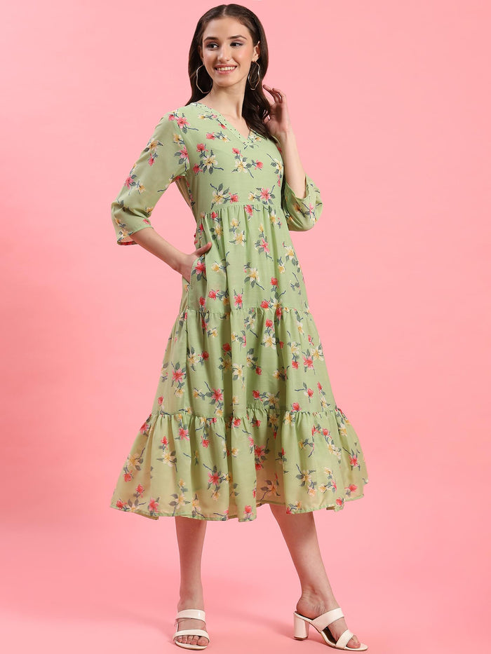 Women Green V-Neck Printed Dress.