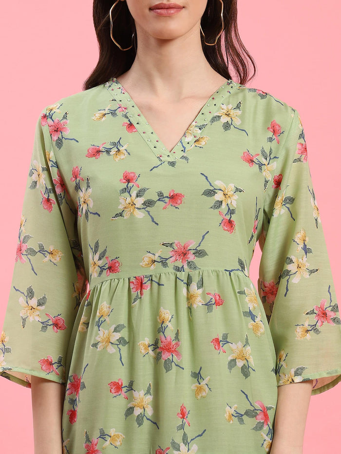Women Green V-Neck Printed Dress.