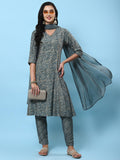 Women Grey Abstract Printed Kurta Trouser Dupatta.