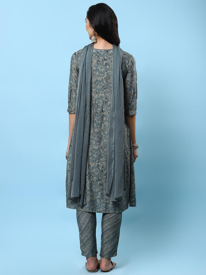 Women Grey Abstract Printed Kurta Trouser Dupatta.