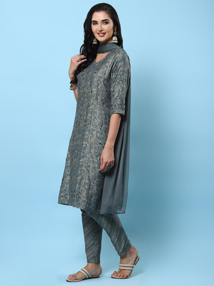 Women Grey Abstract Printed Kurta Trouser Dupatta.