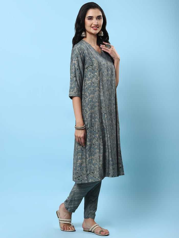 Women Grey Abstract Printed Kurta Trouser Dupatta.