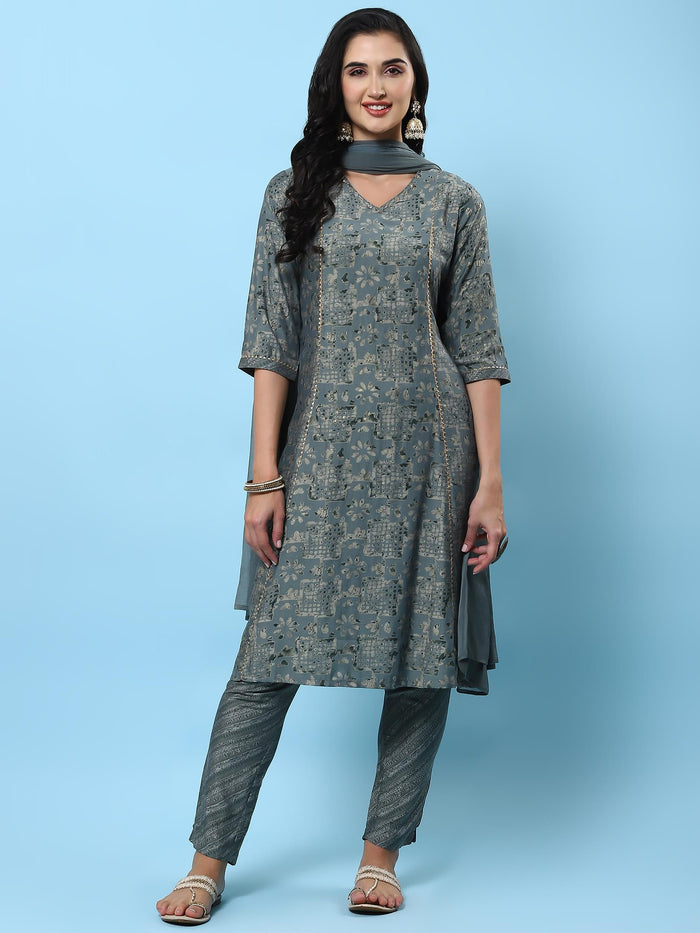 Women Grey Abstract Printed Kurta Trouser Dupatta.