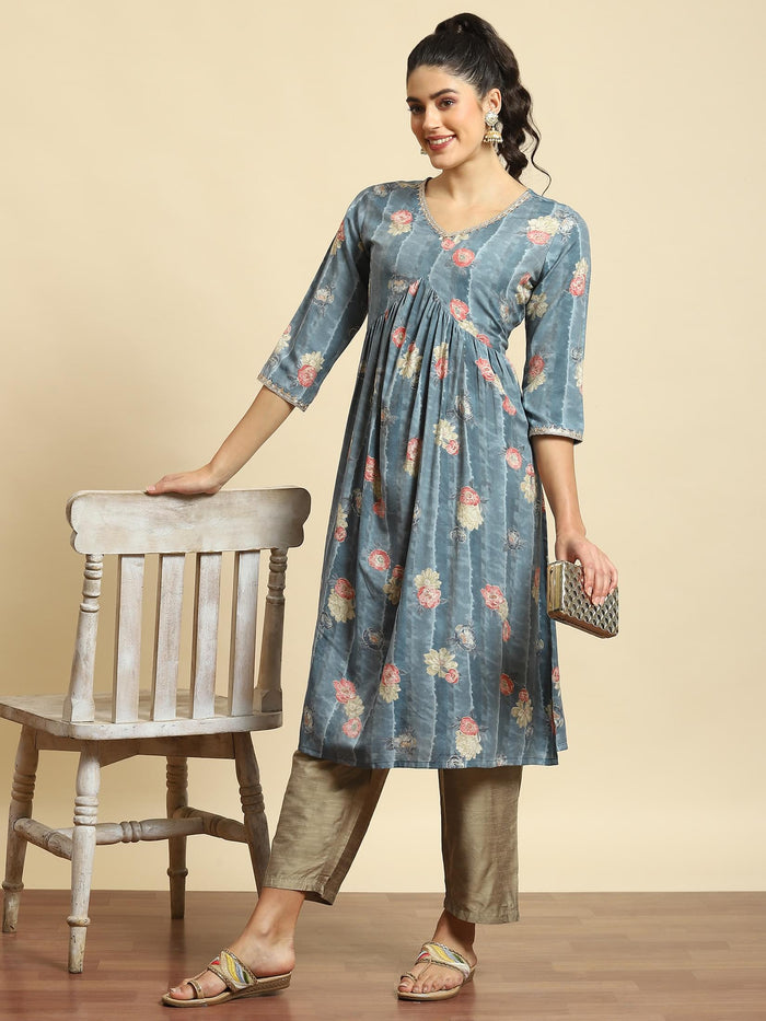 Women Grey Floral Print Kurta.