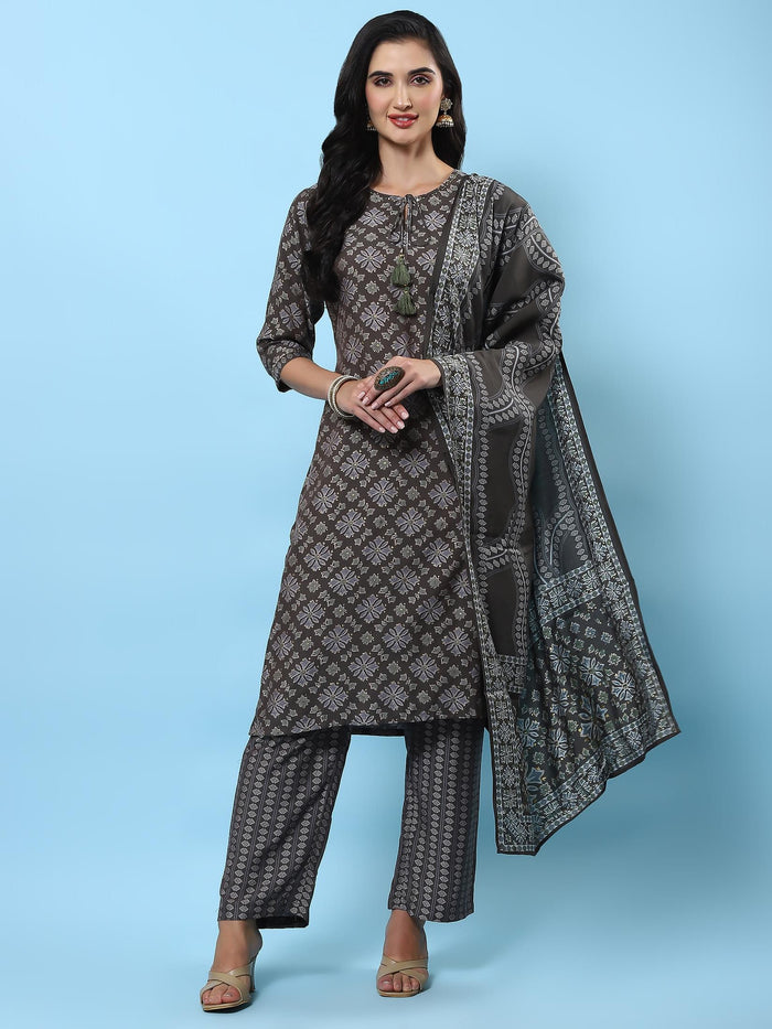 Women Grey Floral Printed Kurta Comfort Pant Dupatta.