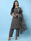 Women Grey Floral Printed Kurta Comfort Pant Dupatta.