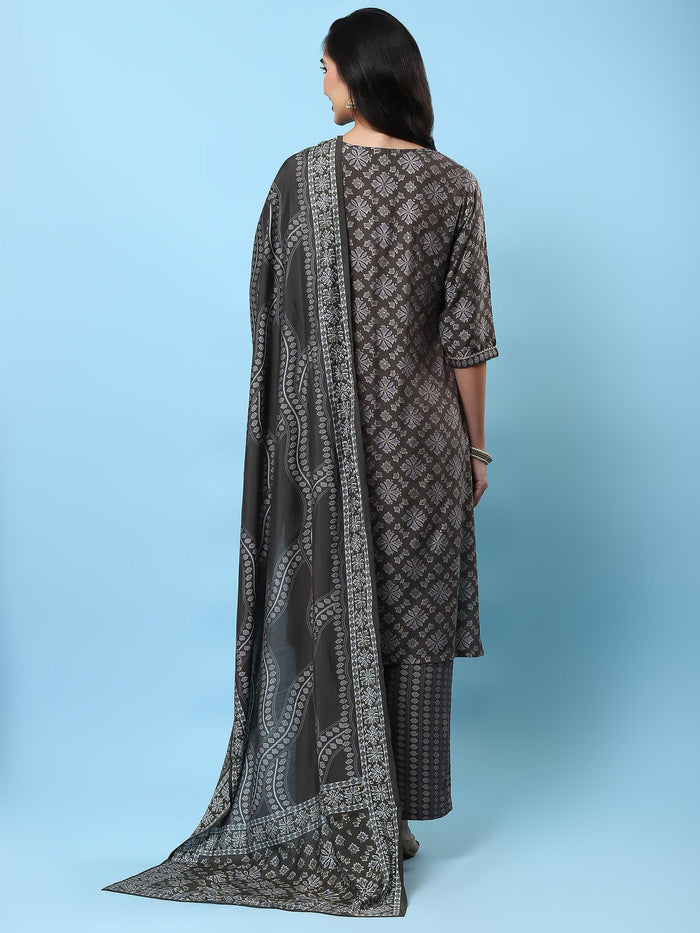 Women Grey Floral Printed Kurta Comfort Pant Dupatta.