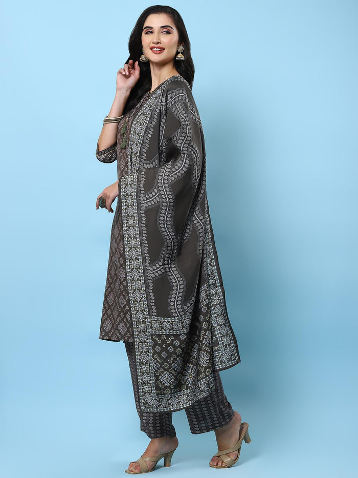 Women Grey Floral Printed Kurta Comfort Pant Dupatta.