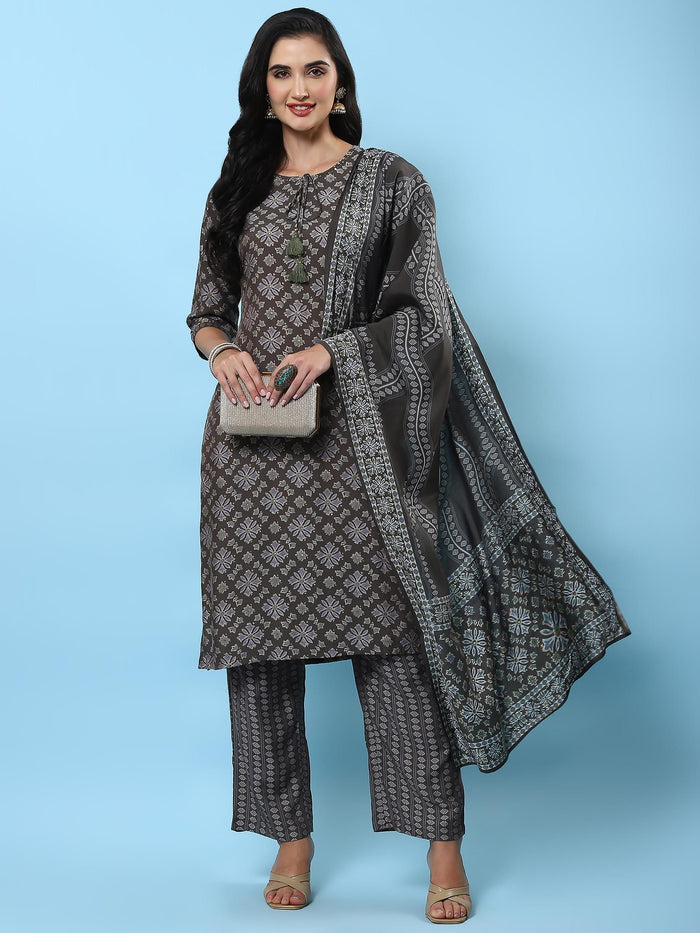 Women Grey Floral Printed Kurta Comfort Pant Dupatta.