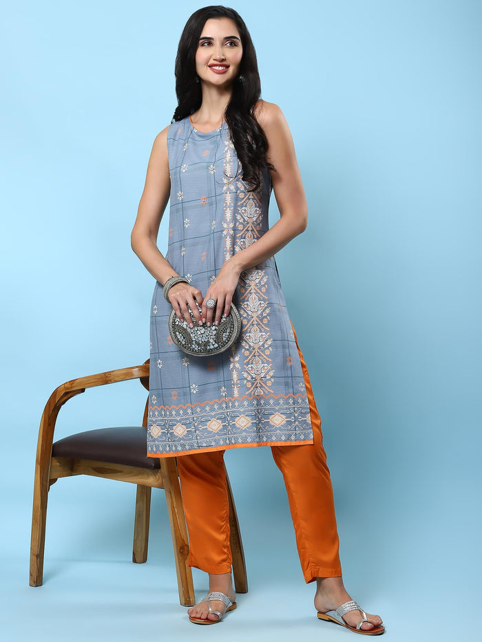 Women Grey Geometric Printed Kurta.