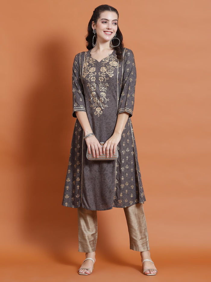 Women Grey Ornamental Print Kurta.